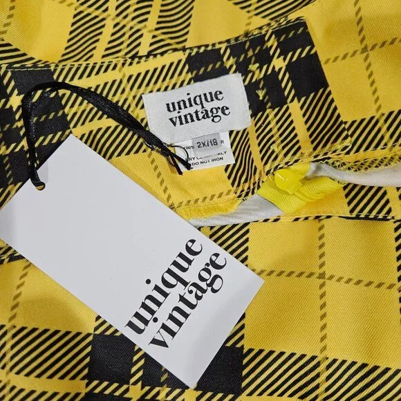 New RETRO UNIQUE VINTAGE YELLOW BLACK PLAID HIGH WAIST SWING SKATER SKIRT 18 - Picture 5 of 9